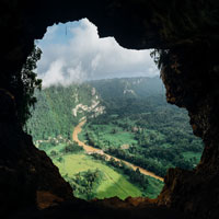 landscape through a cave